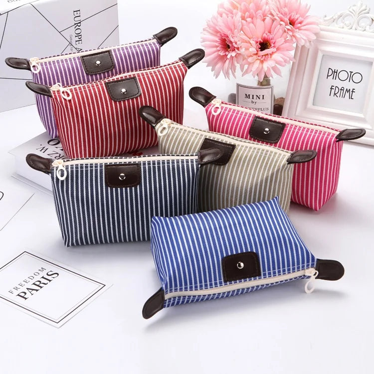 Women Striped Foldable Handbag Toiletry Cosmetic Portable Storage Bag Dumpling Clutch Bag Zipper Purse Large Capacity