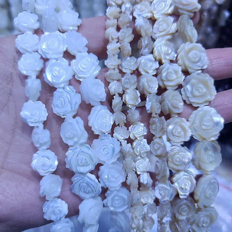 SP4208 Hand Carved Double Face White MOP Shell Mother of Pearl Carved Rose Flower Beads for Jewelry Making DIY Craft Supplies