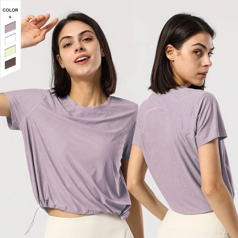 New Style Quick Drying Sweat-wicking Yoga T-shirt Round Neck Adjustable Drawstring Running Fitness Short Sleeves