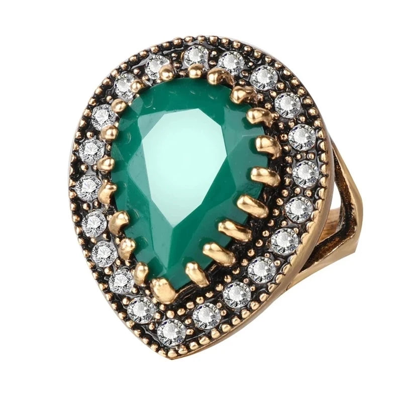 Retro Big Water Drop Shape Resin Ring for Women Fashion Classic Finger Ring Ethnic Style Jewelry Wholesale