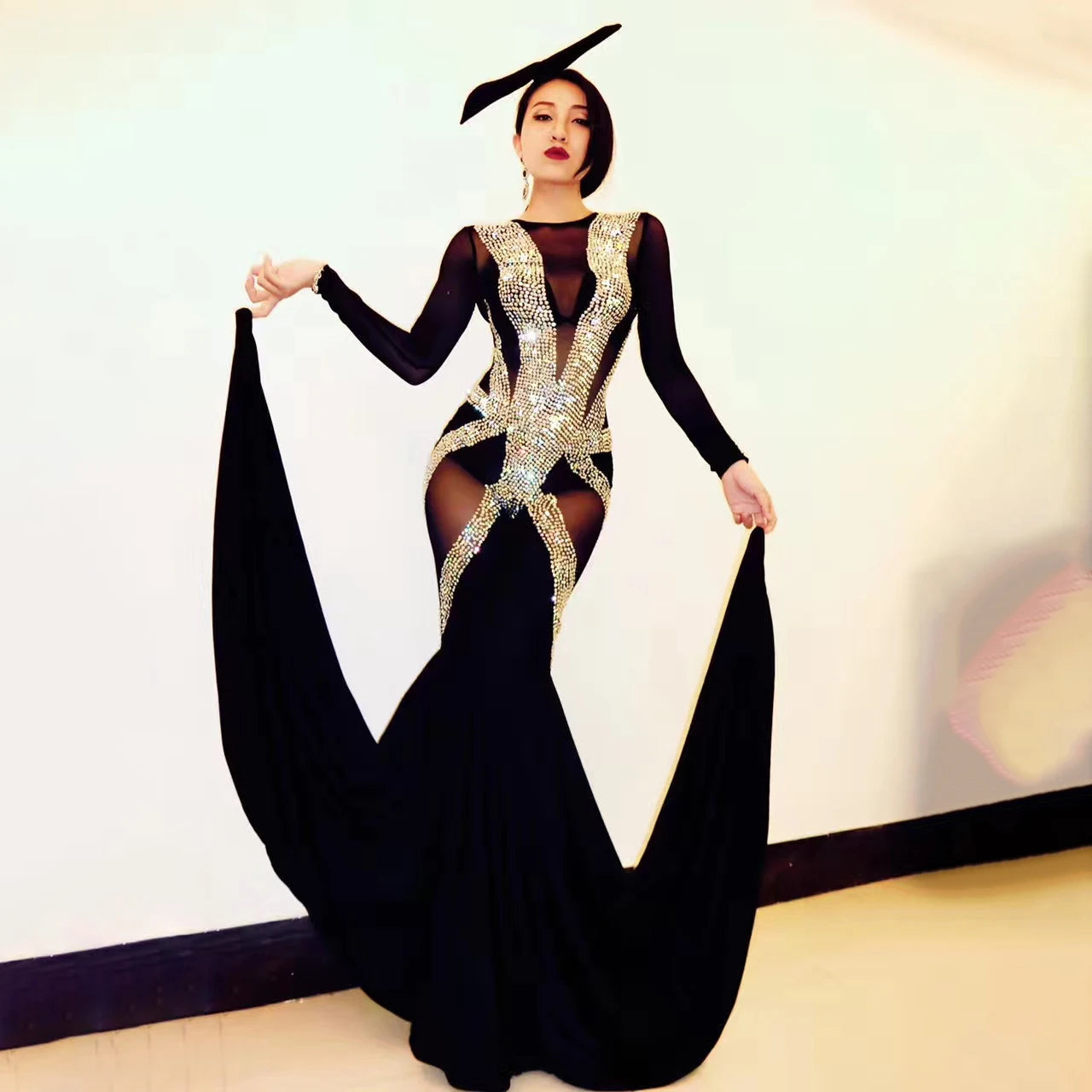 Stage Nightclub Technology Show Crystal Jumpsuit Sexy Dress Women Sexy See Through Mesh Black Floor Length Prom Dress