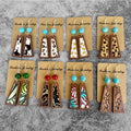 Western Fashion Genuine Leather Vintage Cow Leopard Cheetah Print Turquoise Wood Ladies Drop Earrings