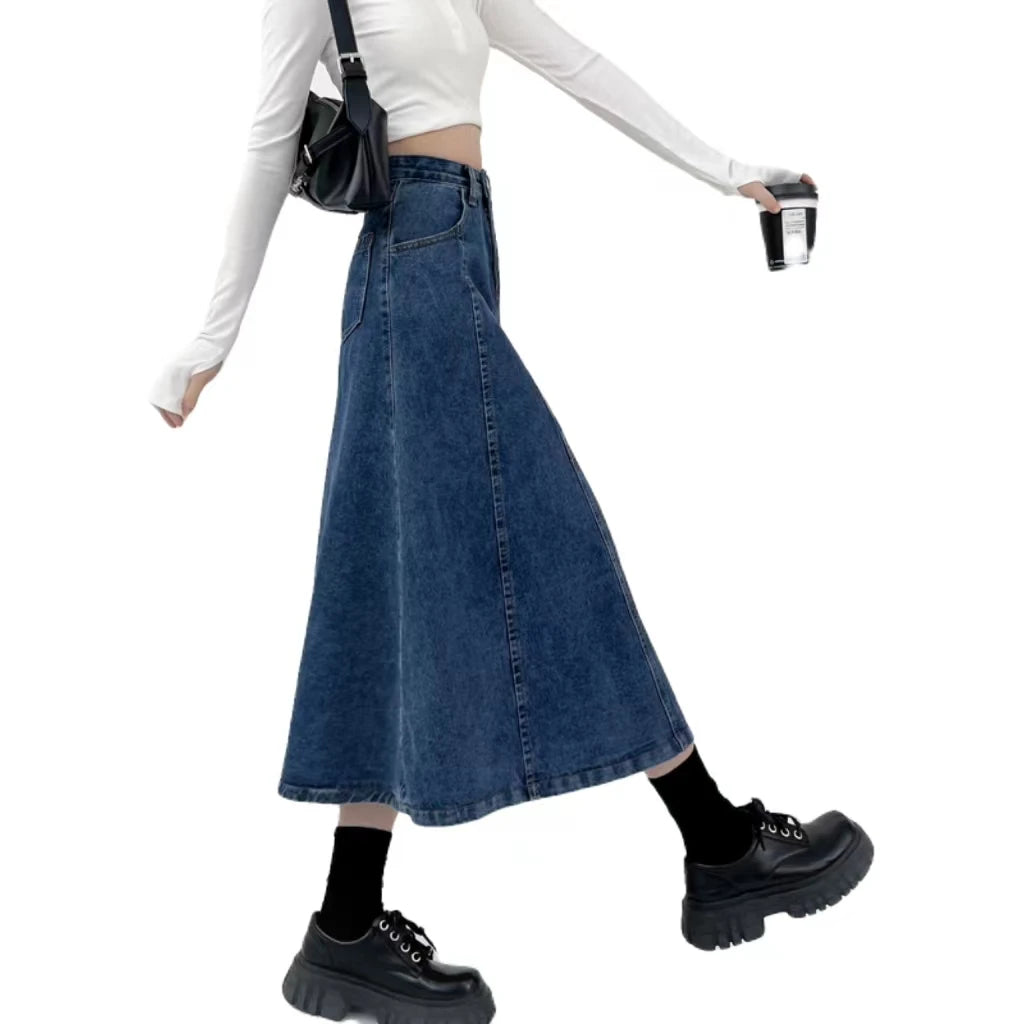 Custom High Waist Vintage Blue Zip Fly A-Line Long Denim Skirt Women's Summer Maxi Skirts With Pockets