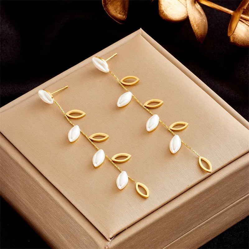 Women Anti Tarnish 18k Pvd Gold 316L Stainless Steel Pearl Long Leaf Dangle Earrings for Women Jewelry