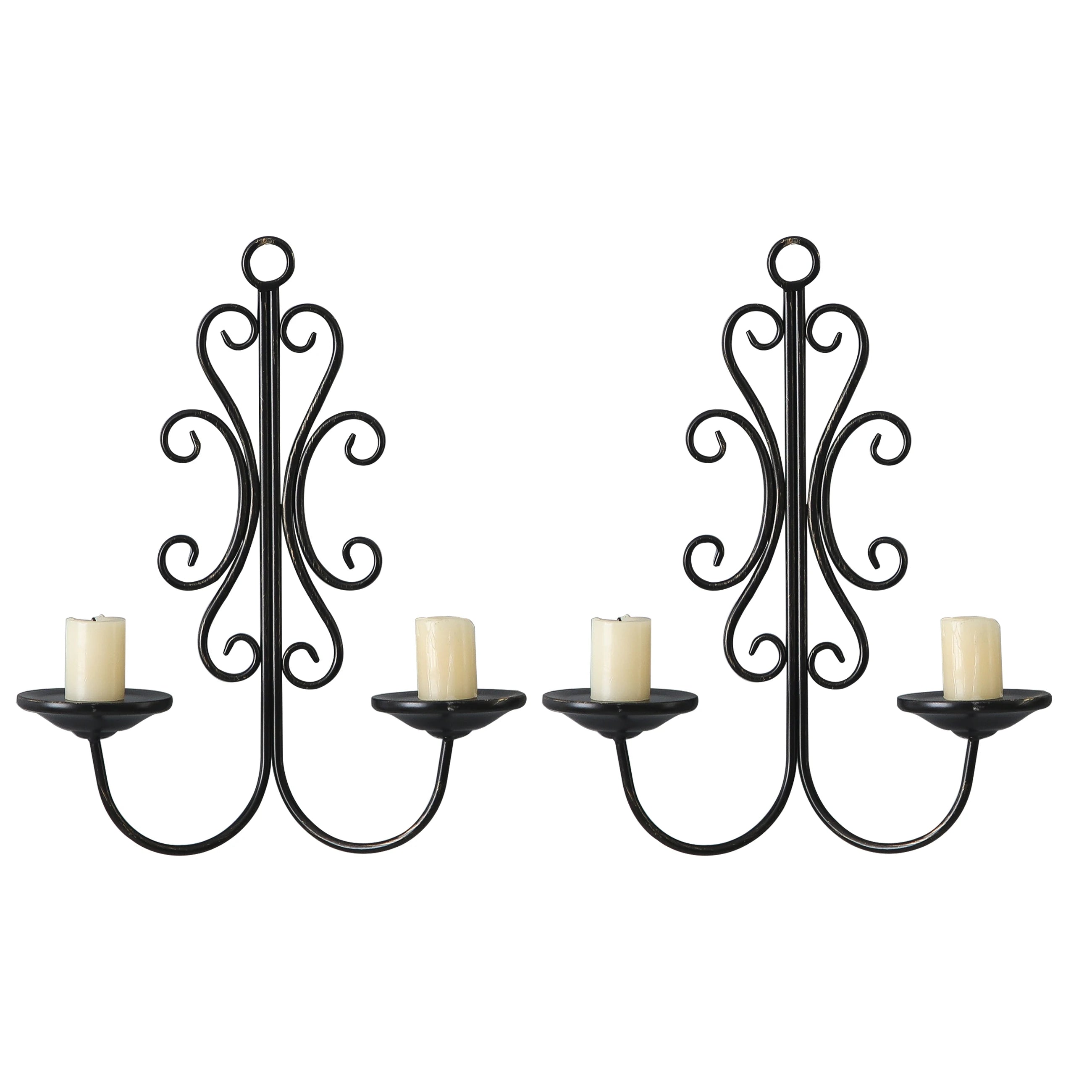 Handmade Metal Craft Black 2 Pieces Wall Mount Wrought Iron Double Arm Candle Holder Rustic Iron Hanging Candlestick Wall Sconce
