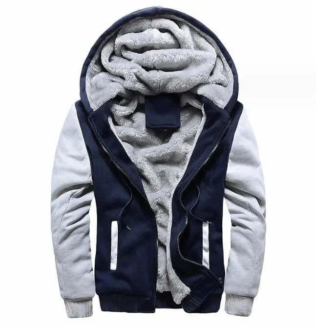 Men's Thick Hoodie With Plush Zipper up Cardigan Coat Winter Warm Color Blocking Hooded Jacket for Men