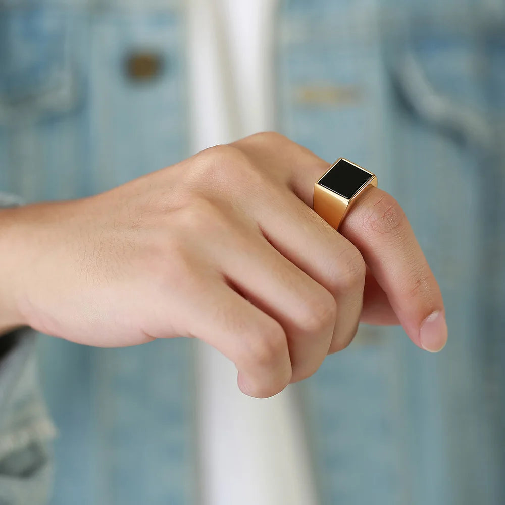 Handmade Stainless Steel Signet Ring Gold Square Acrylic Engagement Jewelry for Men for Parties Anniversaries Fine