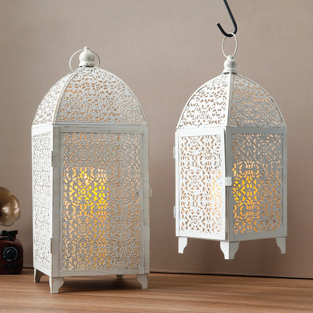 Set of 2 Vintage White Candle Lanterns Hanging Lantern Metal Candle Holder for Garden Living Room Parties Weddings