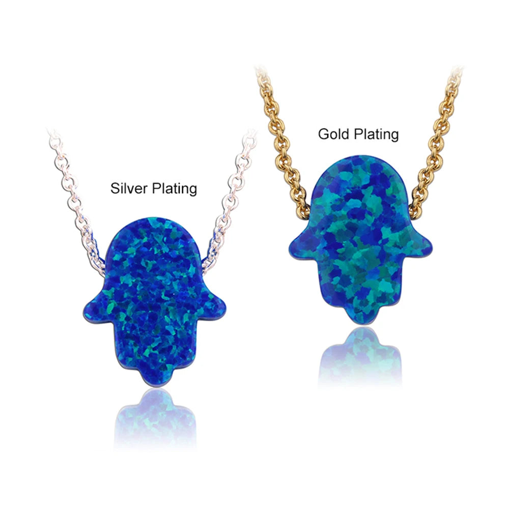1 Piece Wholesale Hamsa Hand Pendant Necklace Blue Fire Opal 18k Gold Plated Fatima Hand Necklace for Man Woman Gift