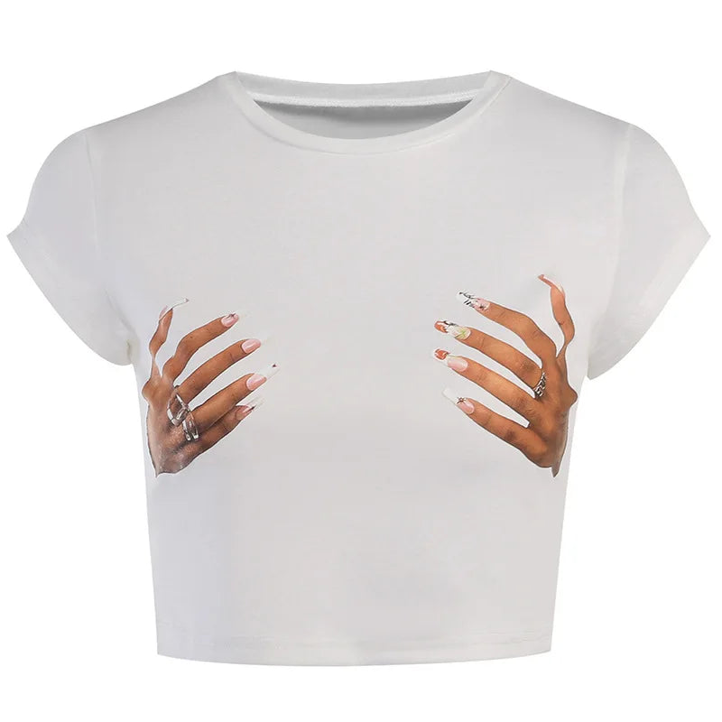 Street Fashion Short Open Umbilical Versatile T-Shirt Basic Round Neck Palm Print Short Sleeve Top Short Sleeve T-shirt