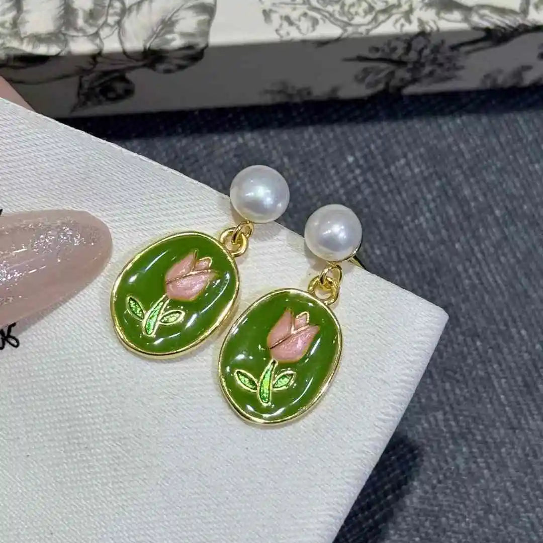Connotation and Temperament Oil Painting Series Gold Plated Silver Needle 5-7mm Natural Freshwater Pearl Anniversary Earrings