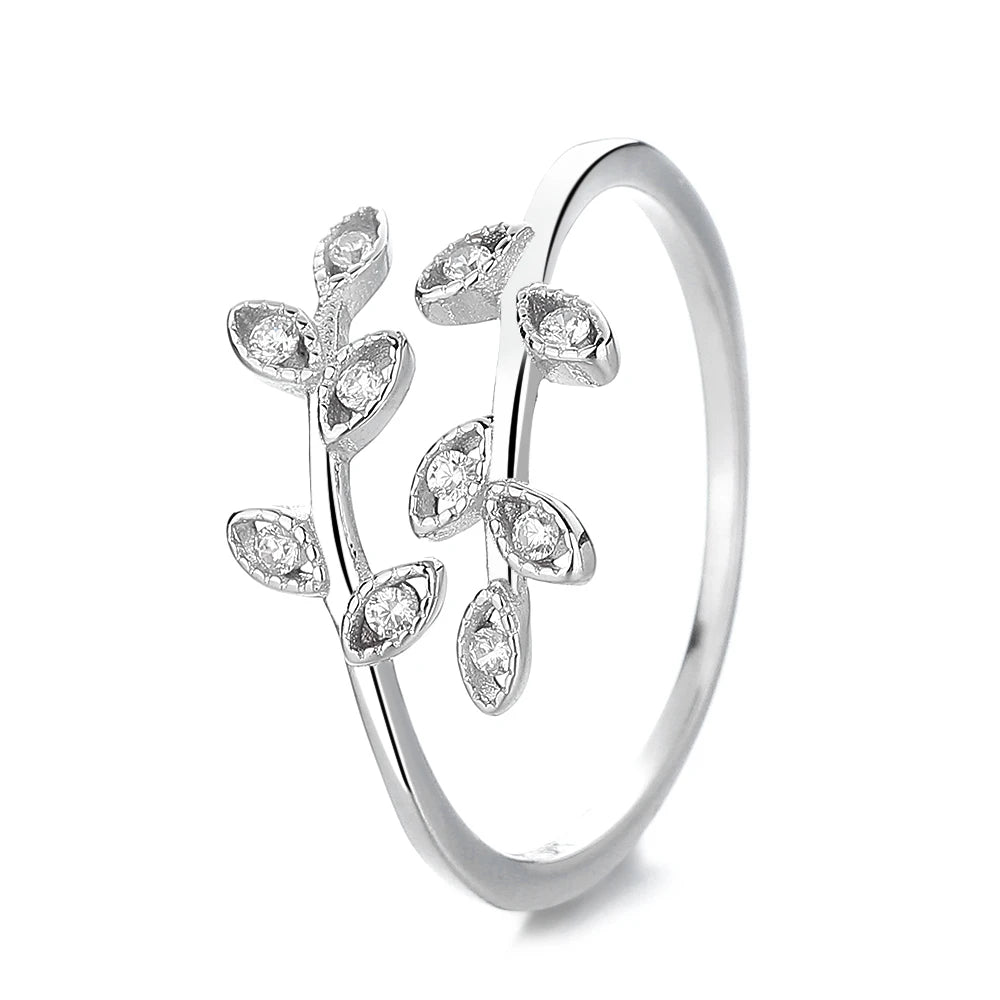 Fashion Jewelry 925 Sterling Silver Adjustable Rings Leaf Zircon Rings Jewelry Women