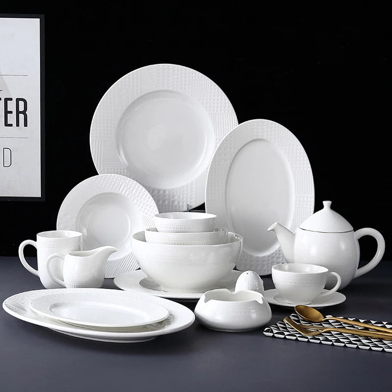 Dishes Plates Bowls Set Nordic Style White Ceramic Dinner Plate Porcelain Dinnerware Hotel Dinner Set Tableware
