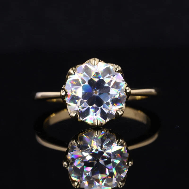 Starsgem OEC Old European Cut Moissanite Vintage Style 14k Yellow Solid Gold Moissanite Diamond Ring