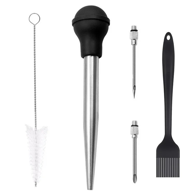 Stainless Steel Eco-Friendly BBQ Turkey Baster Including Marinade Injector Needle Cleaning Brush Syringe Rubber Bulb