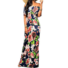 Women's Shoulder Maxi Dresses Hawaiian Floral Printed Elegant Ruffles Loose Casual Plus Size Vintage Green Print
