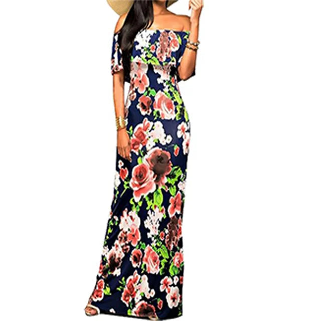 Women's Shoulder Maxi Dresses Hawaiian Floral Printed Elegant Ruffles Loose Casual Plus Size Vintage Green Print