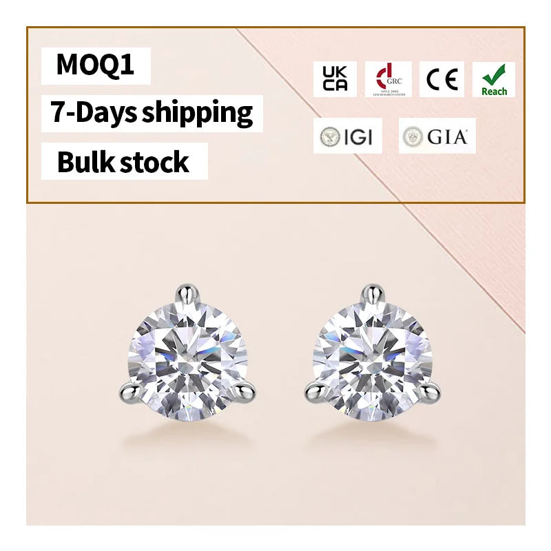 Classic Fast Delivery 925 Silver 3 Claw Lab Grown Diamond Wedding Moissanite Stud Earrings for Engagement Gift