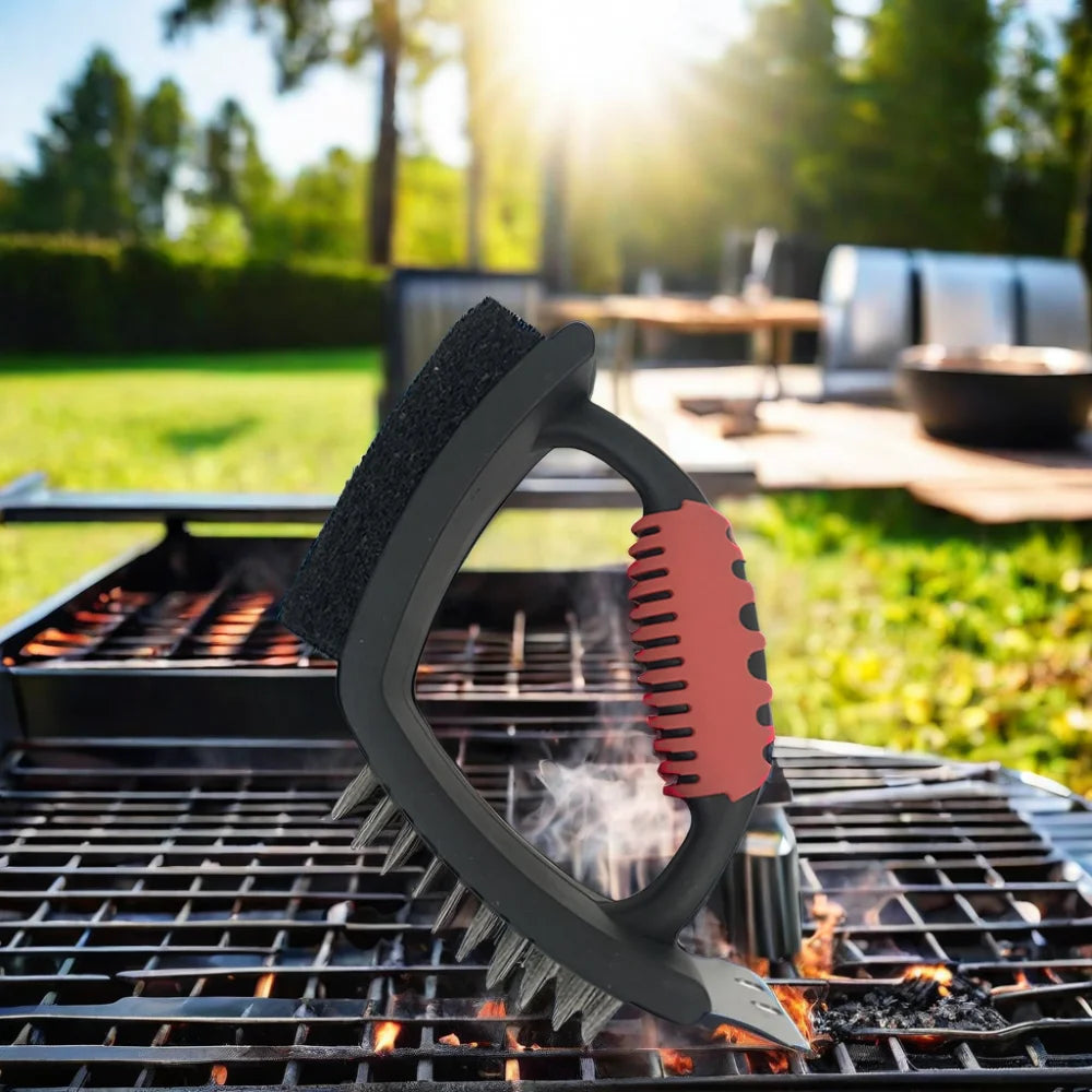 3-in-1 Stainless Steel BBQ Grill Cleaning Brush Wire Scrubber with Scouring Pad and Scraper Grill Tools MegaBDM
