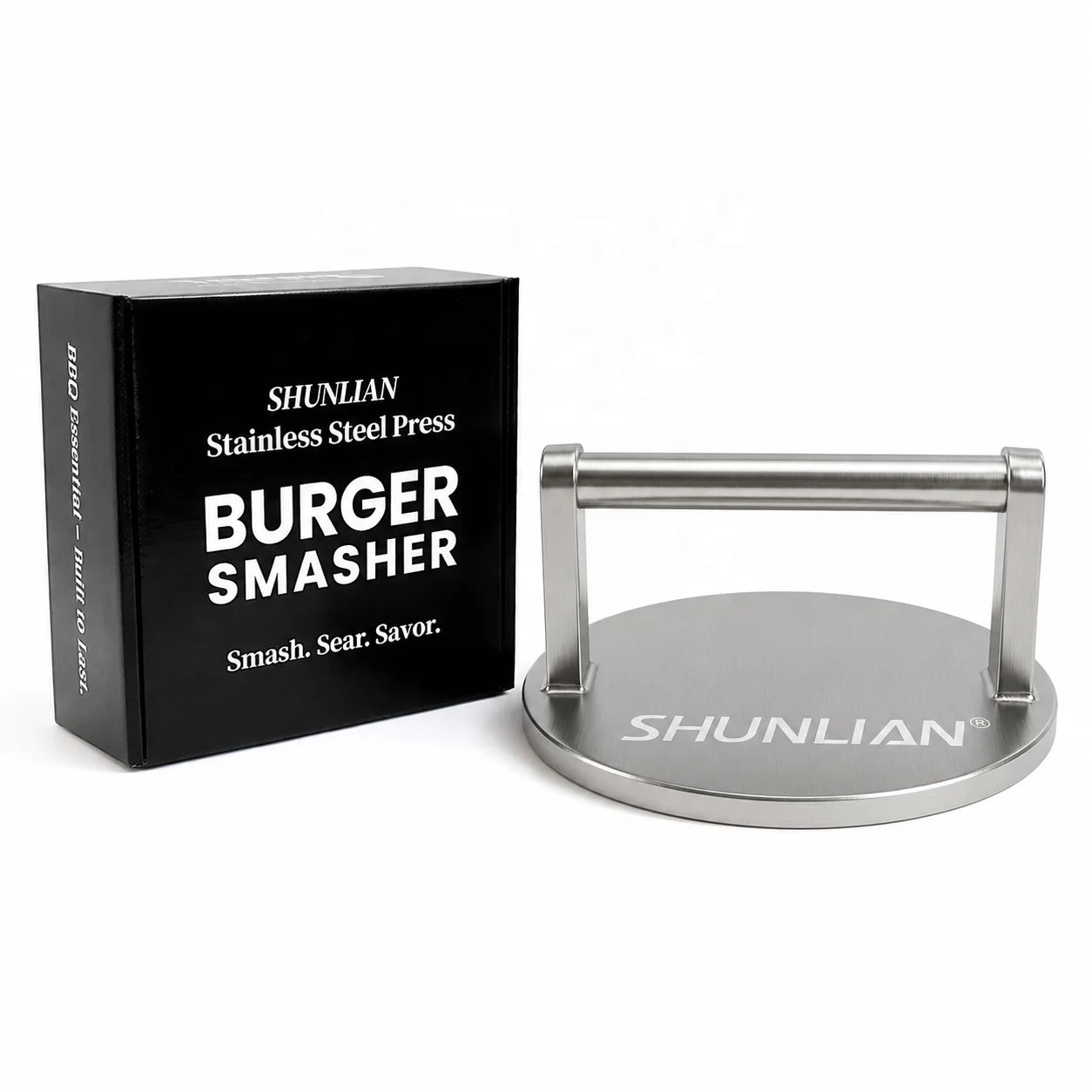 Commercial Stainless Steel Heavy-Duty 150mm Diameter Silver Pan-Sized Burger Smasher Solid Metal Handle