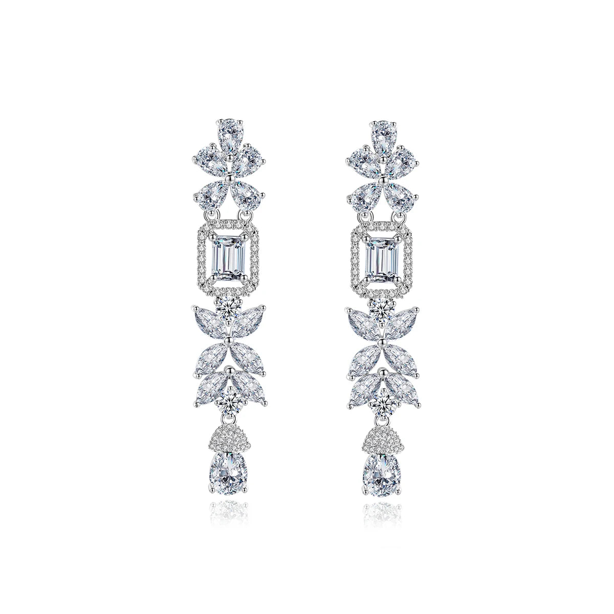 LUOTEEMI Flower Shape Long Dangle Bridal Earring Clear Emerald Cut Zircon Earrings for Girl Fashion Wedding Jewelry