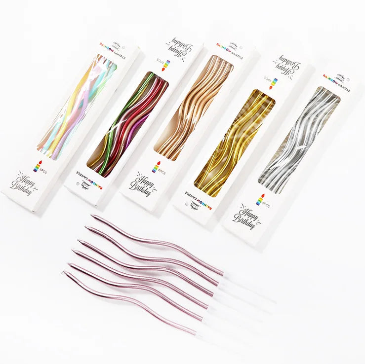 6Pcs/Lot Long Multicolor Colored Curving Cake Safe Flames Kids Birthday Threaded Candle Curved Spiral Cake Candle