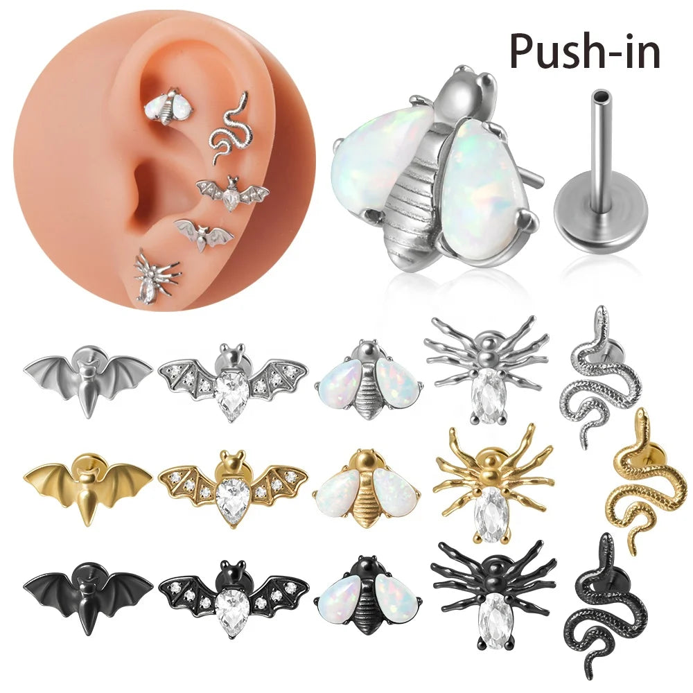 Steel Push-In Threadless Fire Opal CZ Labret Lip Stud Bee Bat Snake Spider Ear Cartilage Tragus Helix Lobe Piercing Weddings