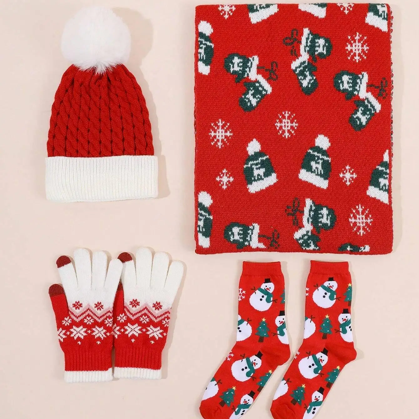Manufacturer Custom Design Warm Touch Screen Winter Snowflake Cartoon Elk Christmas Tree Jacquard Knitted Christmas Gloves Scarf