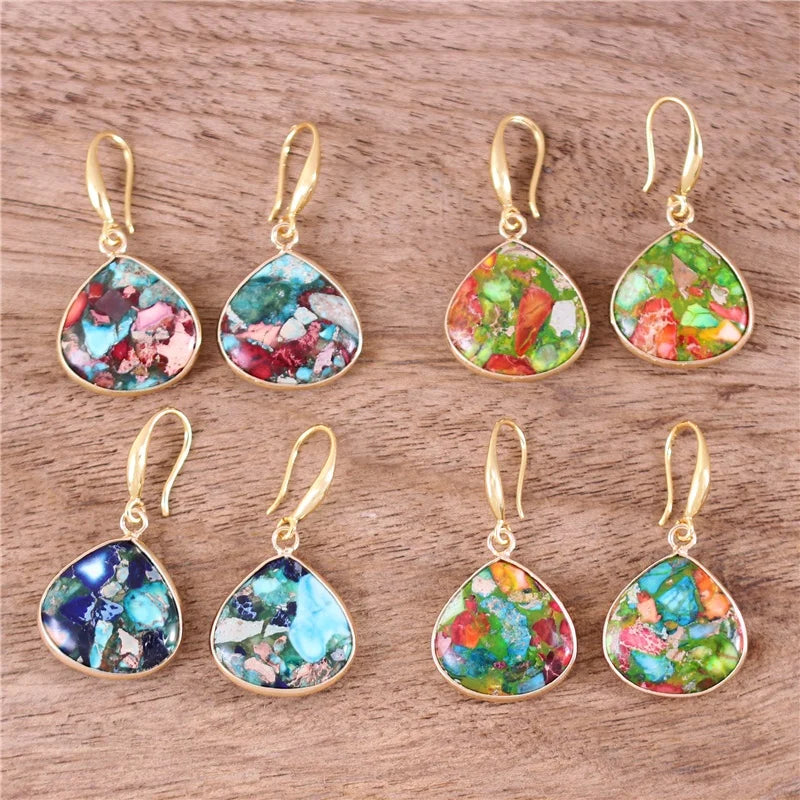 Bohemian Style Teardrop Dangle Earrings Chic Natural Stone Multi Colors Jasper Gold Hook Earrings Jewelry for Women Dropshipping