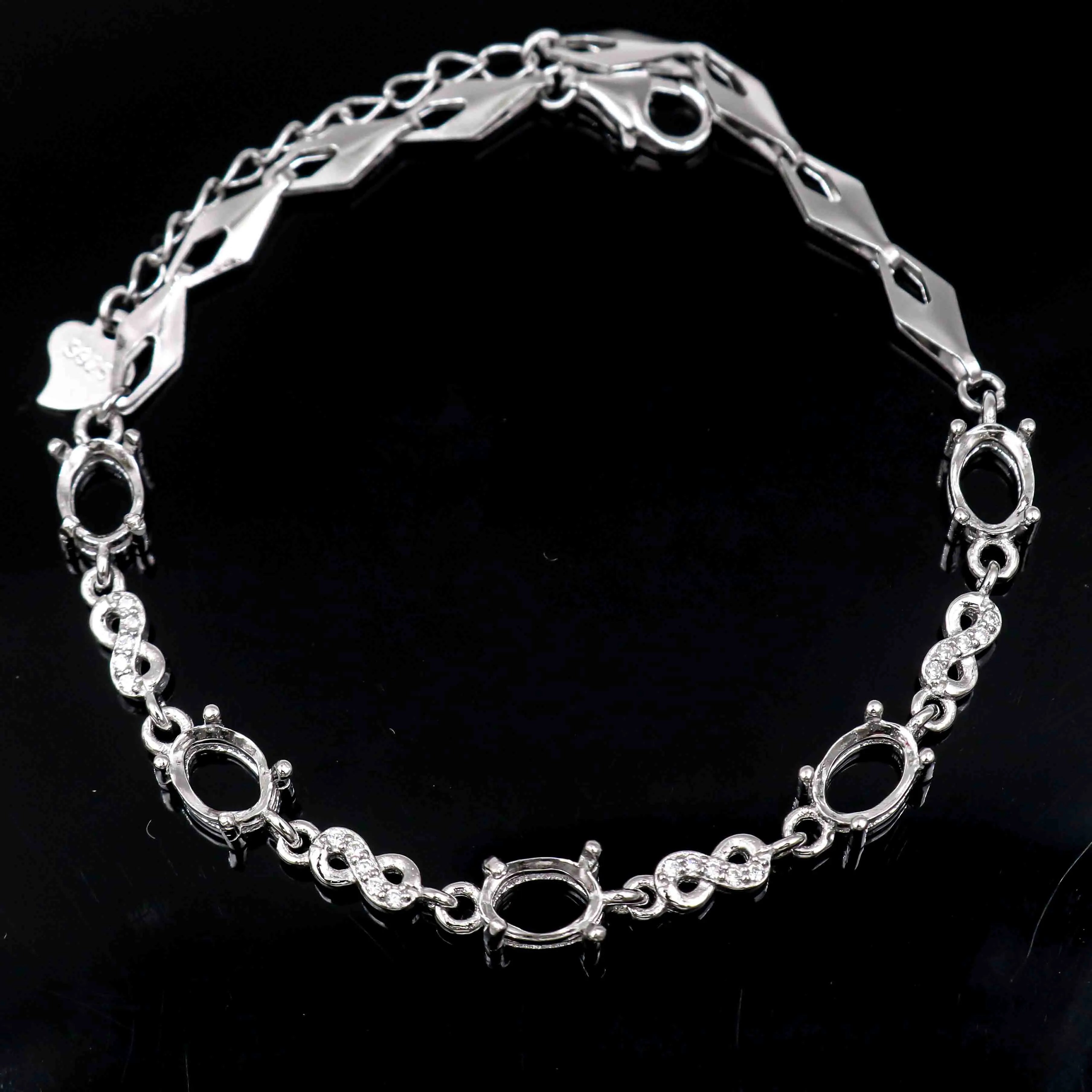Sterling Silver 5*7mm Semi Mount Bracelet Frame Blank Empty Support Mountain Setting S925 Base Without Main Stone for DIY Inlay