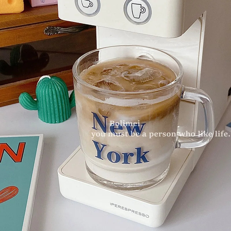 Japanese and Korean Ins Glass Cup Home Office Milk Drinking Water Cup with Lid and Straw