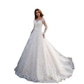 Modern Long-Sleeved off Shoulder Wedding Dress with Royal Trailing Tail Beautifully Decorated with Flowers