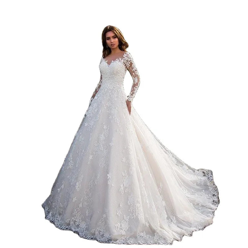 Modern Long-Sleeved off Shoulder Wedding Dress with Royal Trailing Tail Beautifully Decorated with Flowers