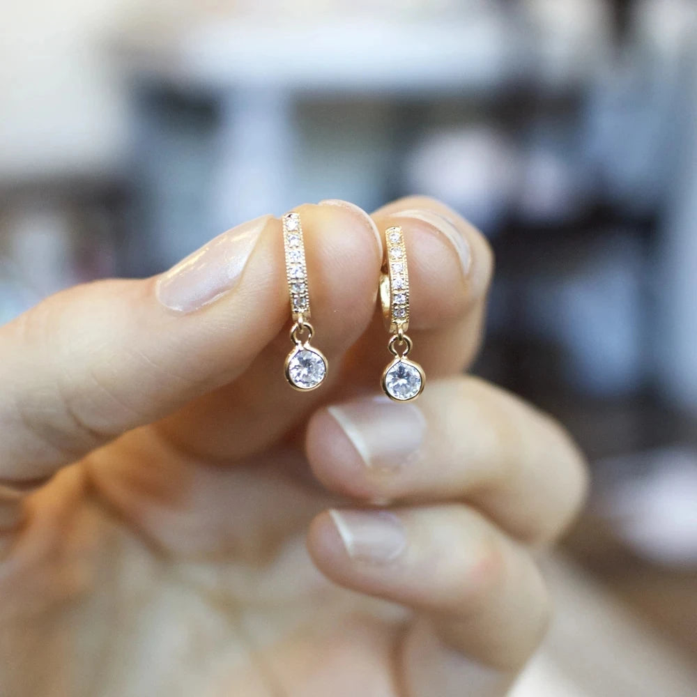 CAOSHI Bling Bling Girls Shiny Tiny Round Gem Drop Hoop Earrings Gold Dainty Zircon Beautiful Earrings Women