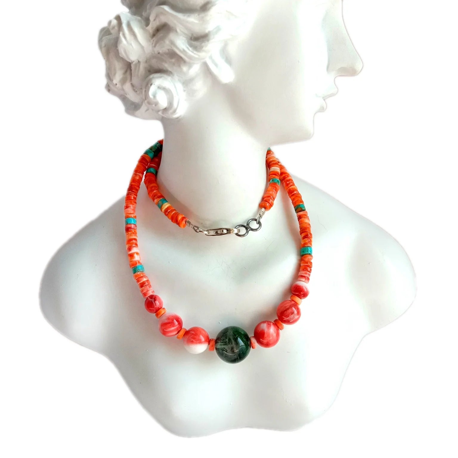 Natural  spiny oyster and green Ghost phantom quartz 925 Sterling Silver handmade Gemstone beads Necklace