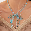 2025 New Arrival Fashion Jewelry Steel Rice Artificial Crystal Bow Double Layered Necklace Seed Beaded Bow Necklace