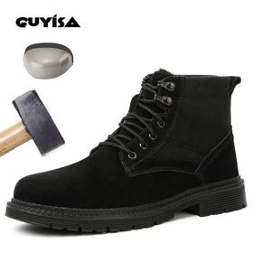 GUYISA Winter Cotton Shoe Keep Warm Steel Toe Black Safety Shoes Boots Suede Leather Rubber Steel Toe Work Official Boots
