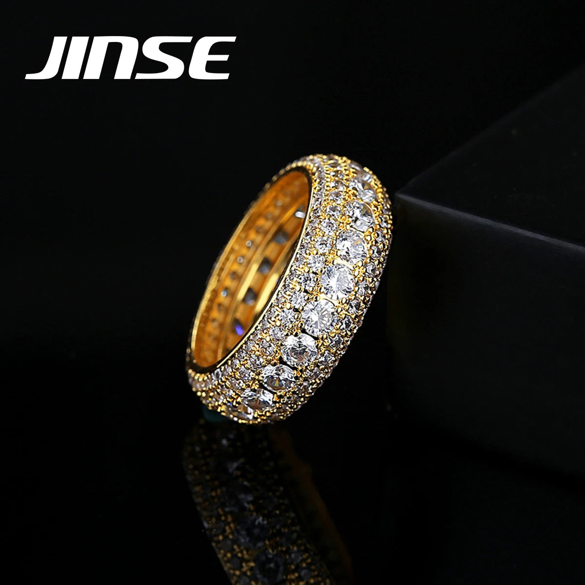 JINSE Luxury Gold Plated Cubzic Zirconia Brass Ring Jewelry Men Designer Hip Hop Ring Sports Ring