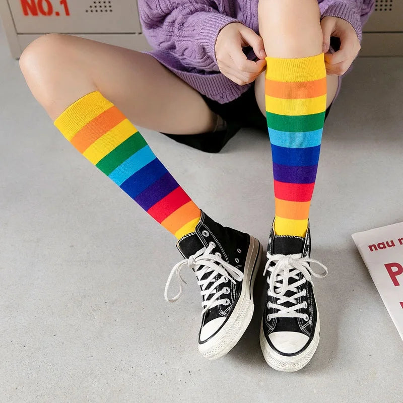 Custom Made Pink Striped Dress Knee High Socks Happy Funny Pattern Girls Crew Length Body Cuff Logo Eco-Friendly Daily Use