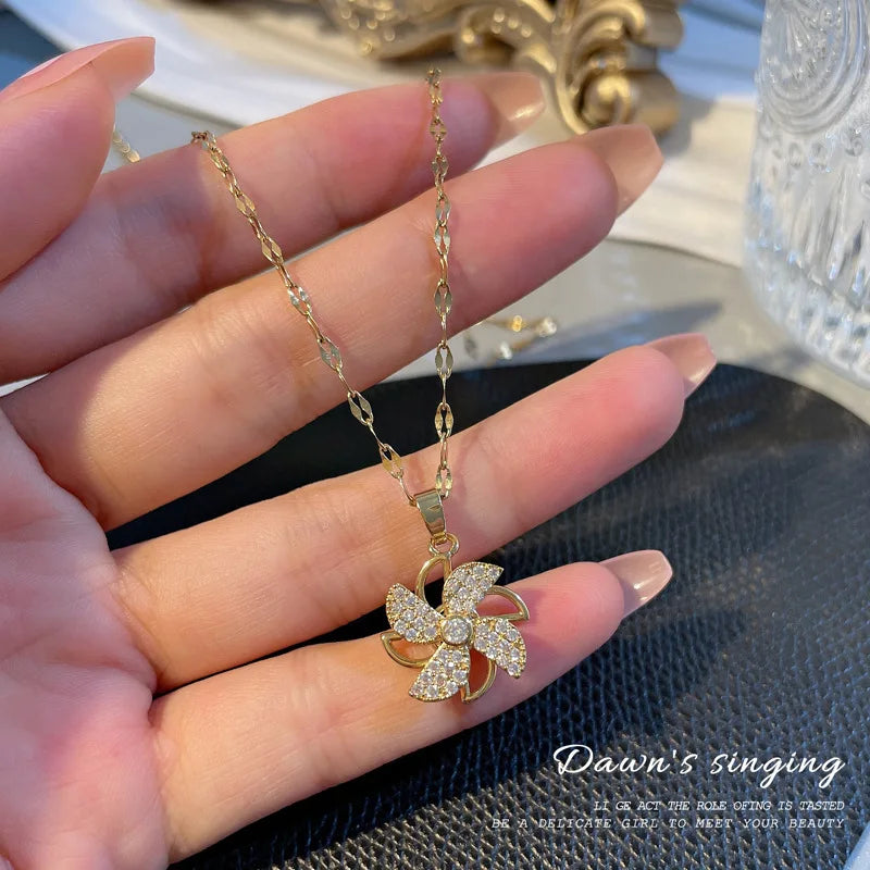 Luxury Titanium Steel Clavicle Chain Necklace Rotatable Windmill Pendant Necklace for Women and Girls