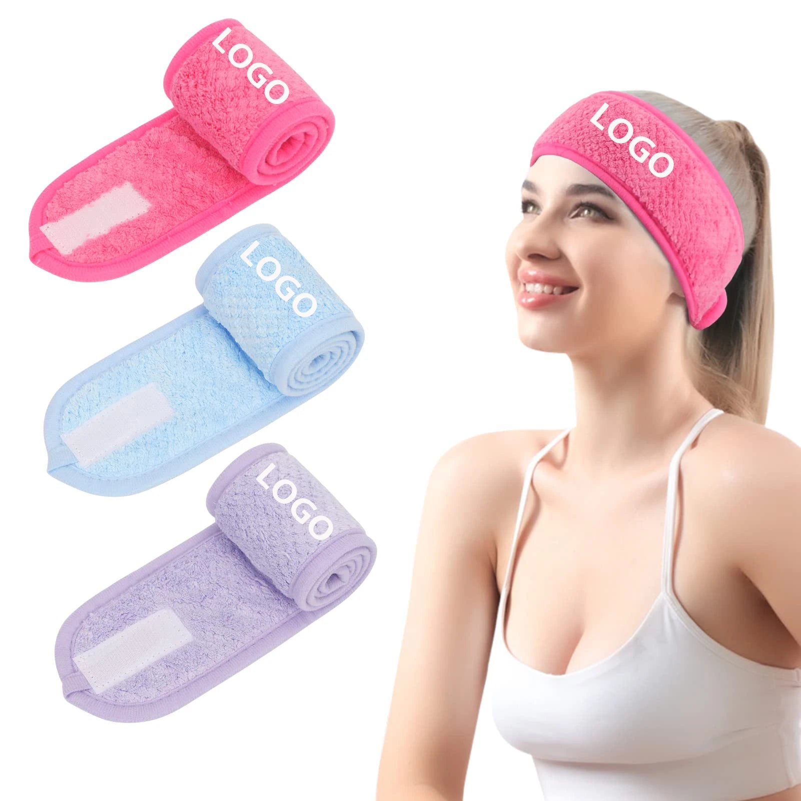 Custom Logo Spa Facial Headband Makeup Hair Wrap Adjustable Hair Band Soft Towel Head Band for Face Washing Shower Sports Yoga