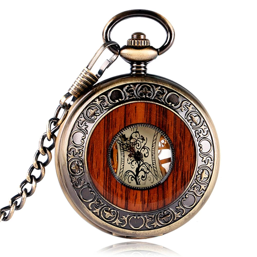 Antique Style Bronze Hollow Case Manual Mechanical Pocket Watch Full Hunter Steampunk Hand Wind Watch with Fob Chain for Men
