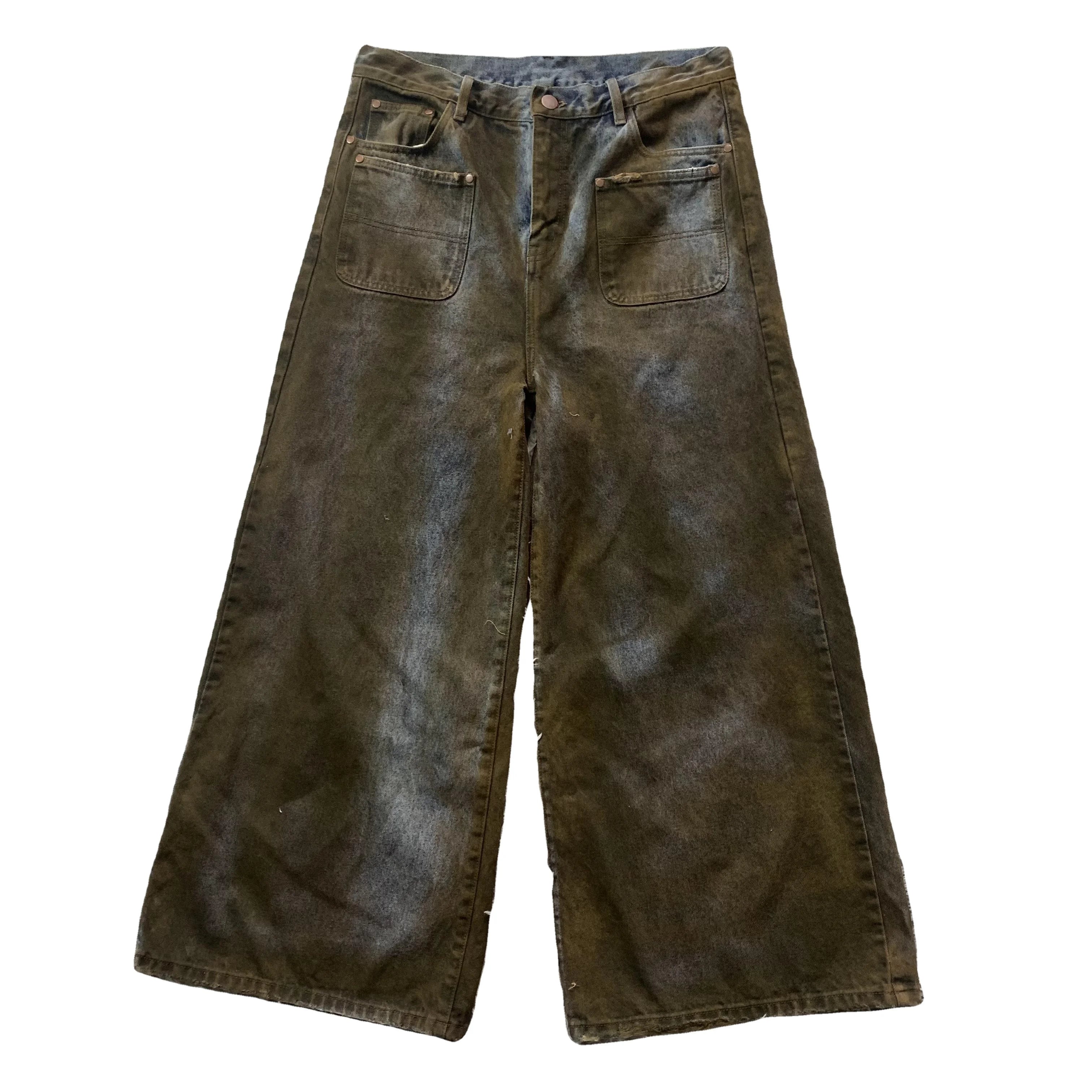 DENIMGUYS Custom Dirty Mud Washed Jeans Men Frayed Hem Baggy Loose Denim Mens Hip Hop Retro Y2k Men's American Jeans