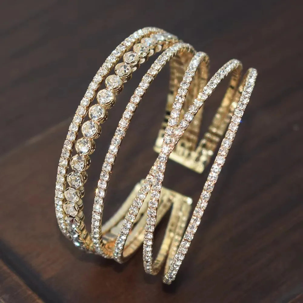 Simple and Stylish Multi-layer Bracelet Full Diamond Cross-inlaid Rhinestone Bangle for Women