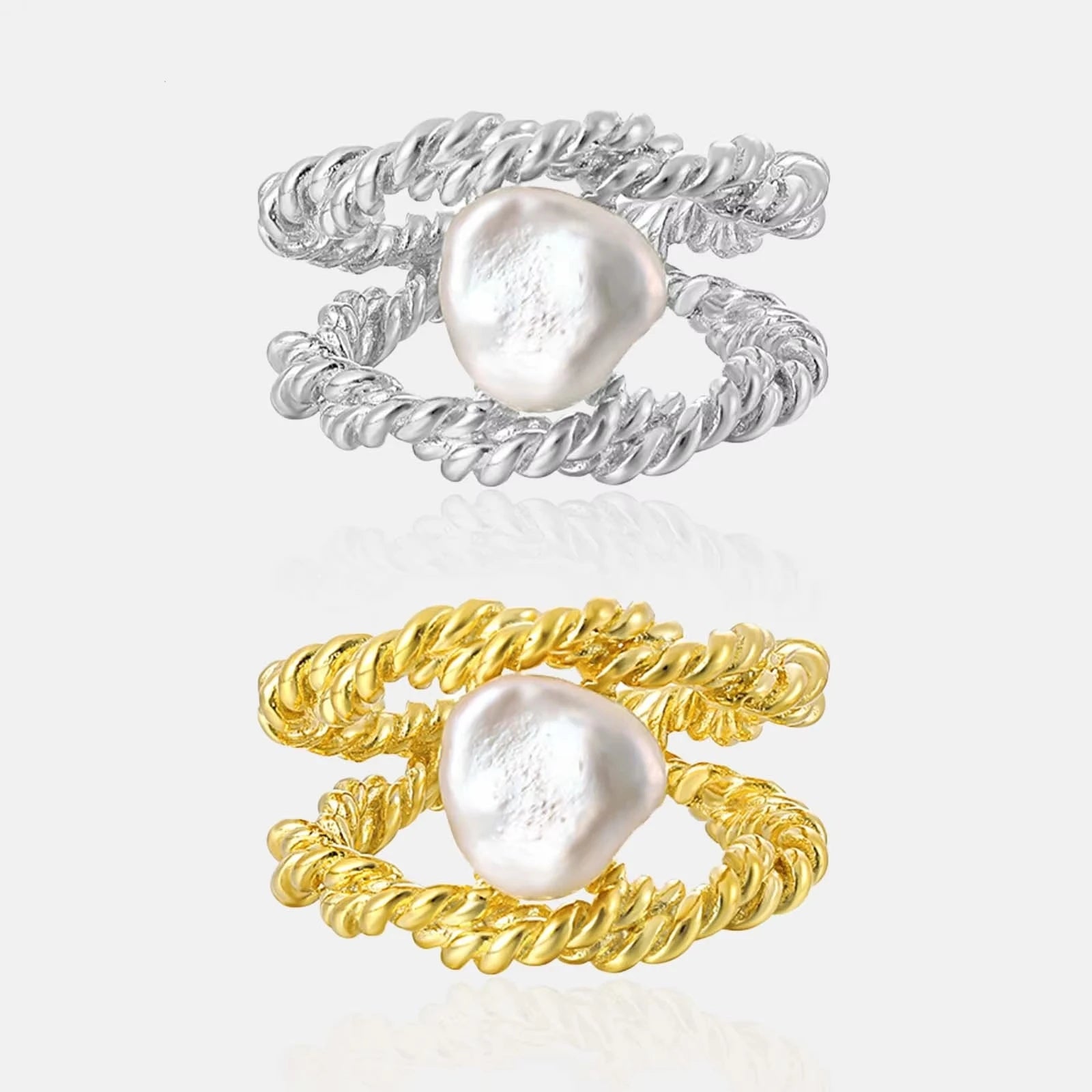 FUAMAY Fashion 18K Gold Plated 925 Sterling Silver Double-Layer Twisting Rings Baroque Pearl Ring