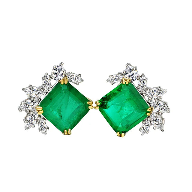 Women's Classic Square Green Emerald Stud Earrings Square Green Gemstone Sterling Silver Hoop Earrings-for Wedding Gift Jewelry