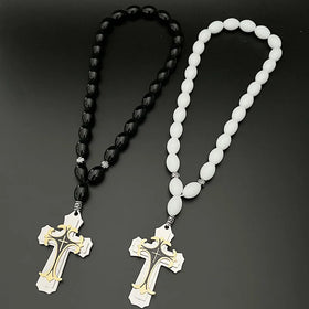 Rosaries Necklaces Oval Glass Beads Stainless Steel Cross Pendant Necklace Rosary Russian Religious Gift Car Accessory