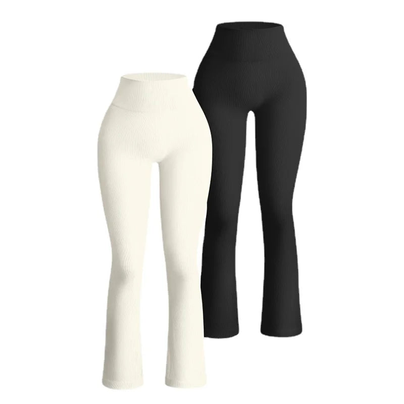 Women's High Waist Ribbed Seamless Workout Bell Bottom Yoga Pants with Flare Leggings Elastic Waist Closure Solid Pattern