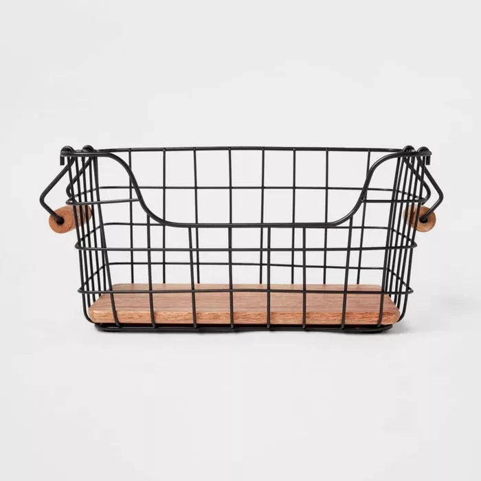 Classic Home Decorative Fruit Basket Handmade Wooden Base Storage with Black Iron Wire and Wood Handles for Storage Choice