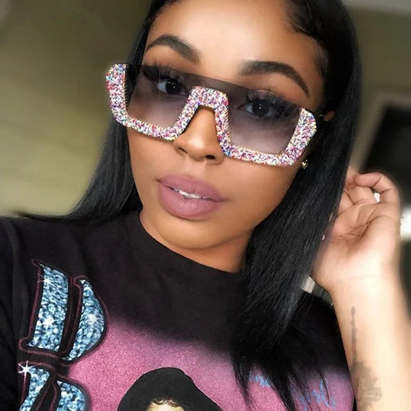 Luxury Designer Oversized Half Frame Women's Sunglasses Half Rimless Square Rhinestone Diamond Brand Name PC Sun Glasses Shades
